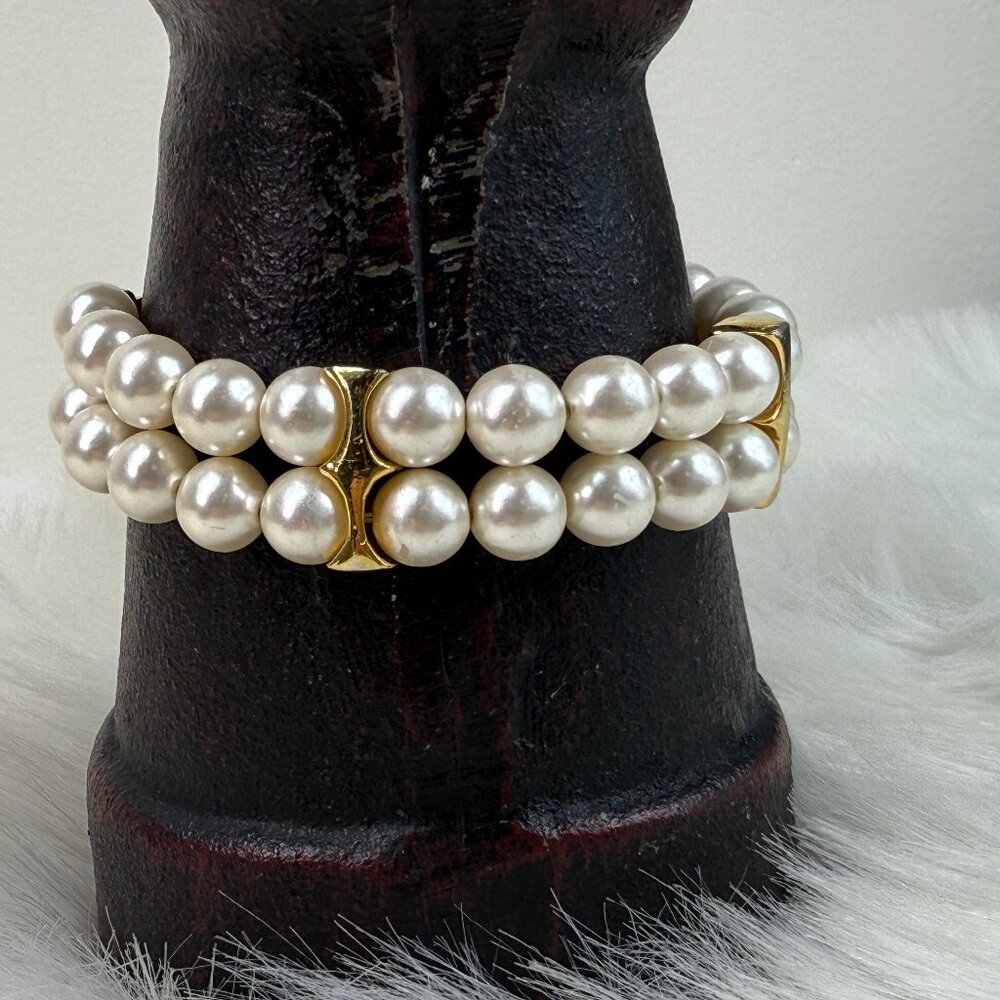 Vintage Two Strand Faux Pearl & Gold Tone Spacer Bead Bracelet  7"